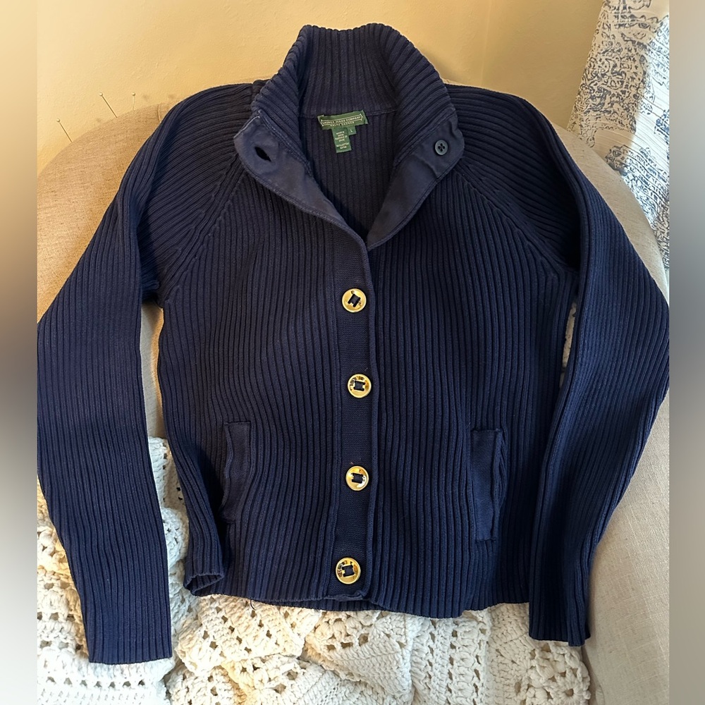 Ralph Lauren large gold button navy ribbed cardigan, 100% cotton, women’s large